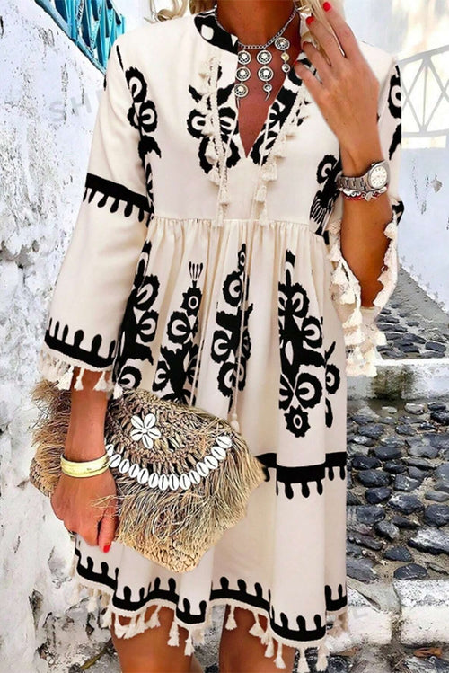 Beige Western Print Tasseled Dress