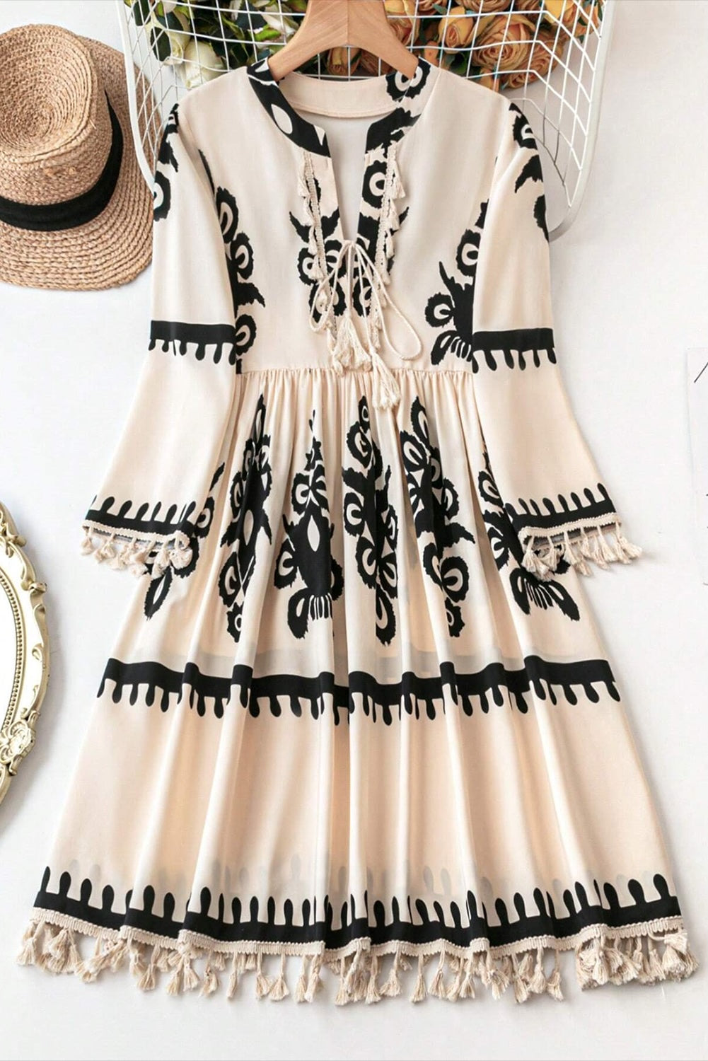 Beige Western Print Tasseled Dress