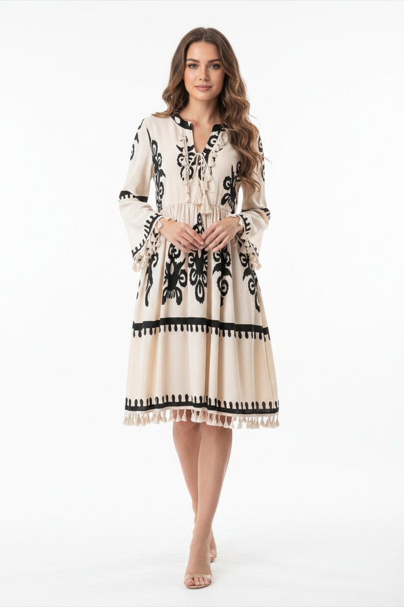 Beige Western Print Tasseled Dress