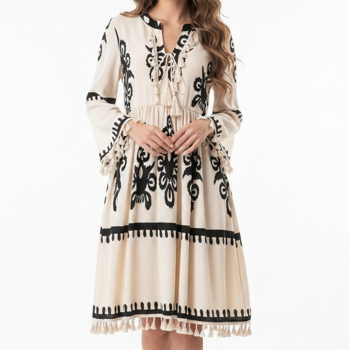 Beige Western Print Tasseled Dress