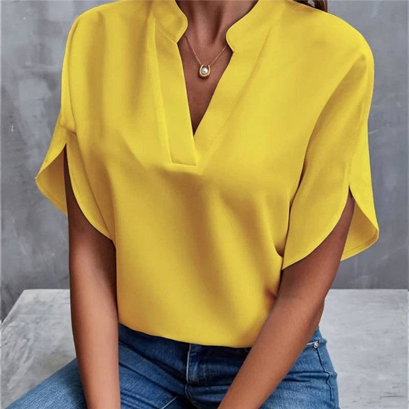 Casual V-Neck Short Sleeve Yellow