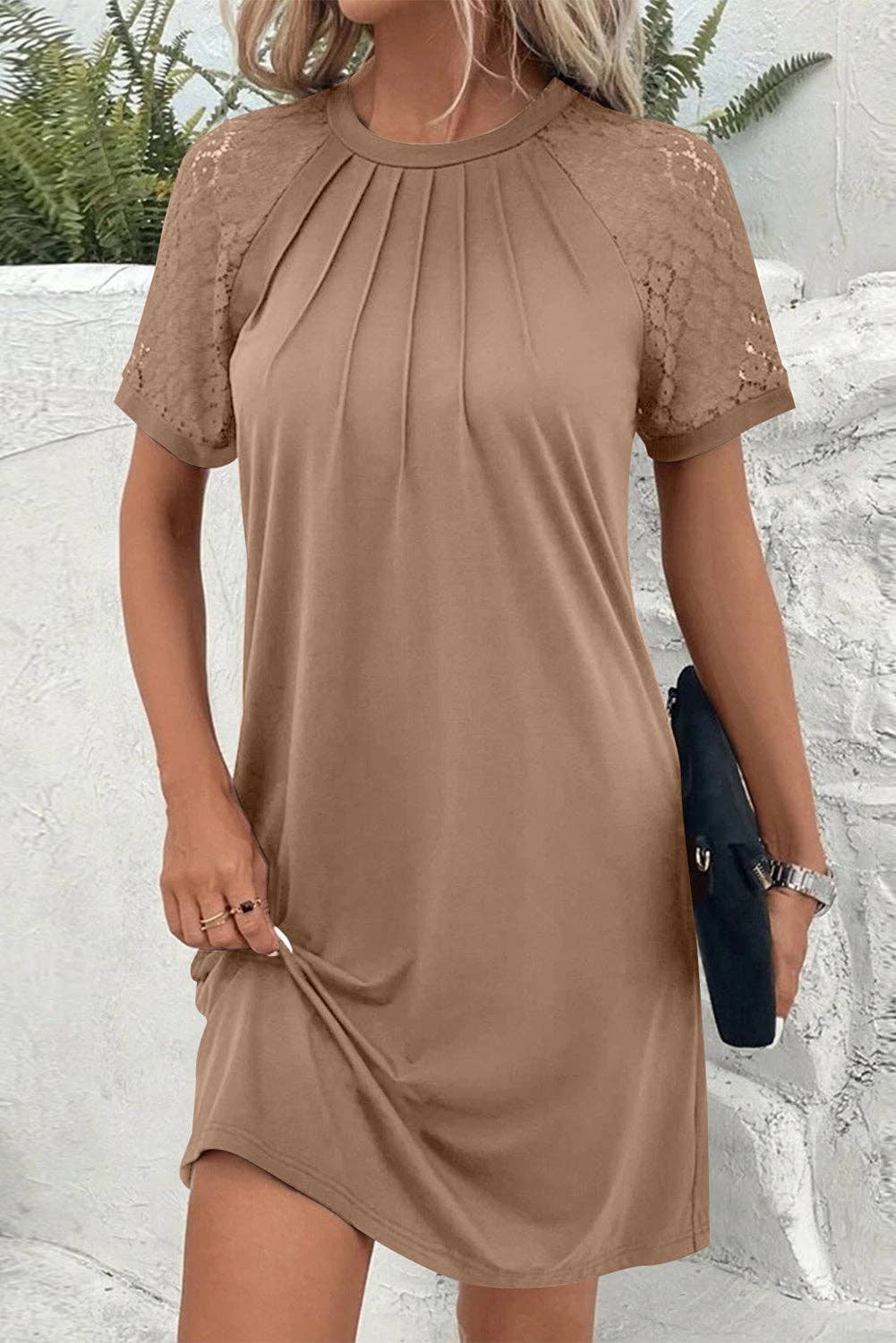 Contrast Lace Dress Pale Khaki