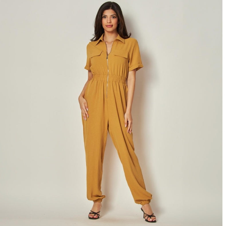 Zip Collared Jumpsuit Gold