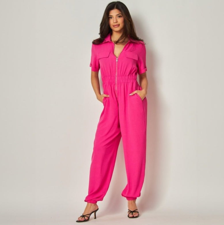 Zip Collared Jumpsuit Hot Pink