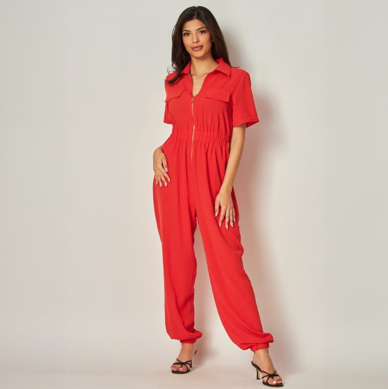 Zip Collared Jumpsuit Orange