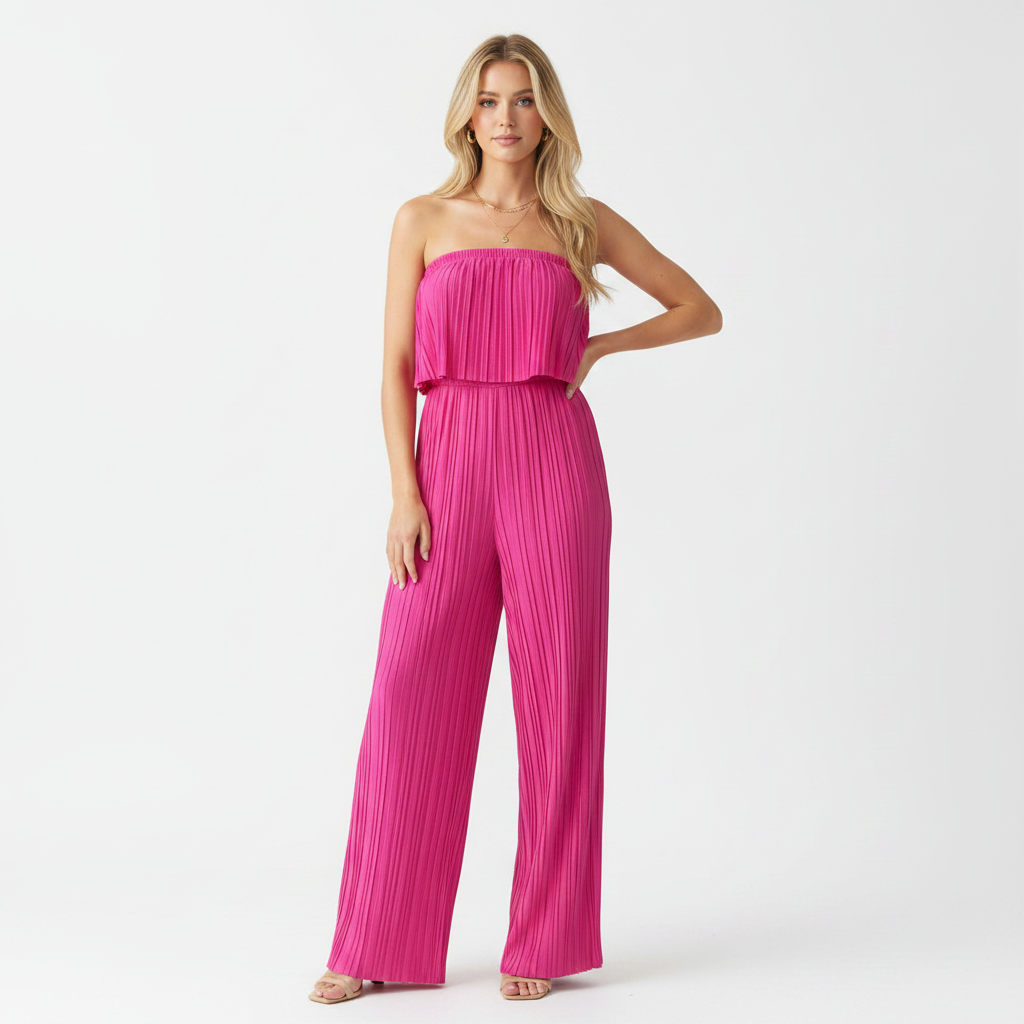 Pleated Strapless Wide-Leg Jumpsuit Hot Pink