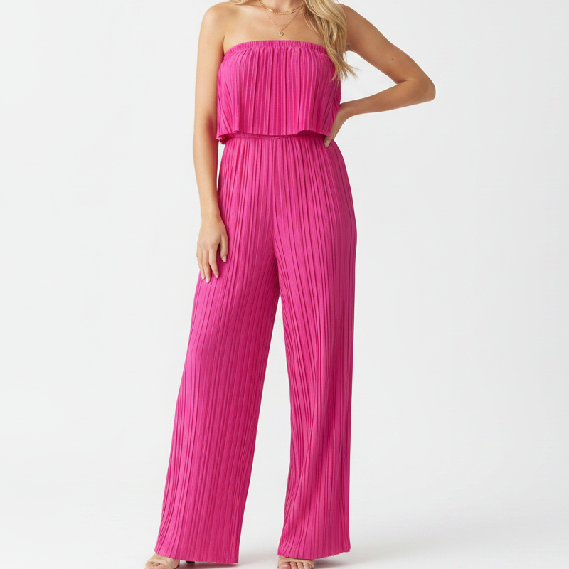 Pleated Strapless Wide-Leg Jumpsuit Hot Pink