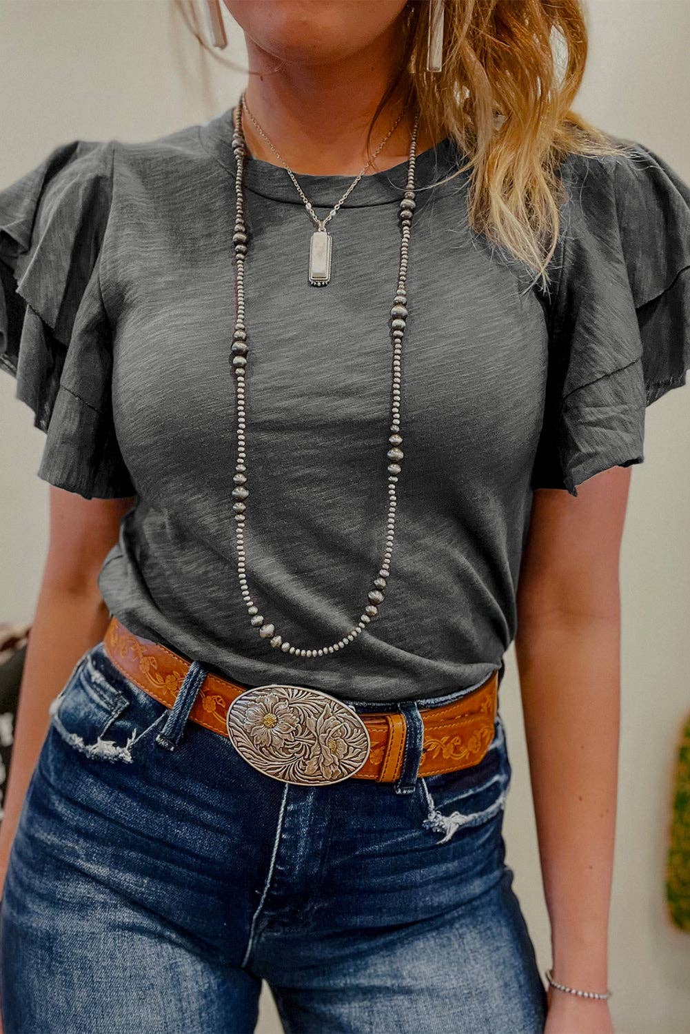 Layered Ruffles Sleeves Shirt Grey