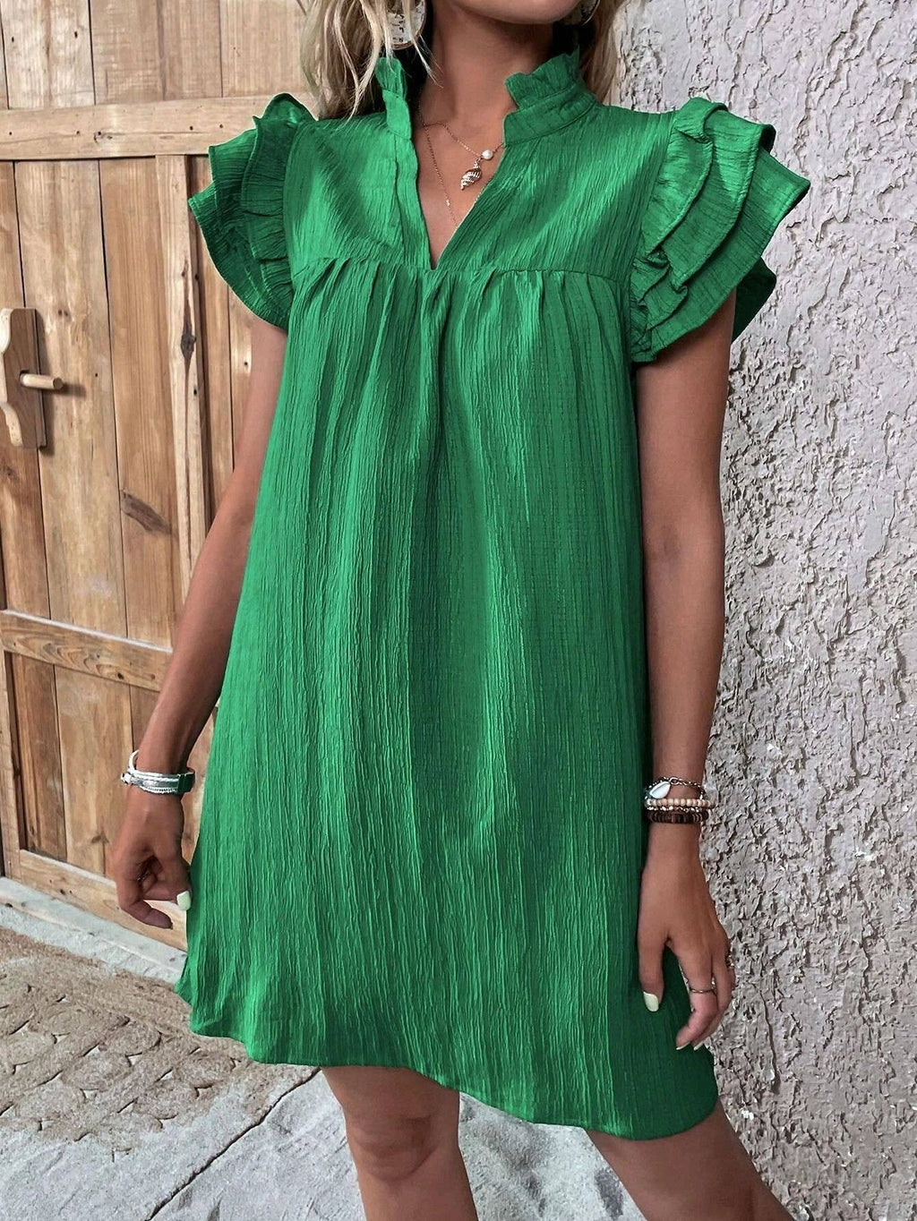 Multi-layer Lotus Sleeve Dress Green