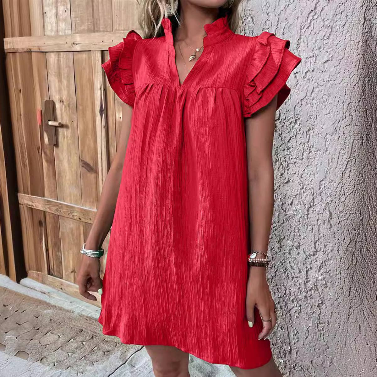 Multi-layer Lotus Sleeve Dress Red