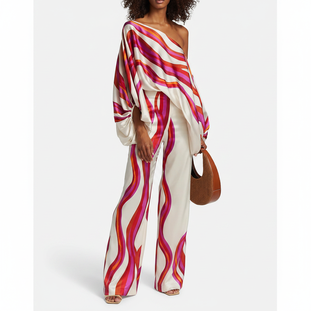 Off-The-Shoulder Blouse and Wide Leg Casual Pants Set