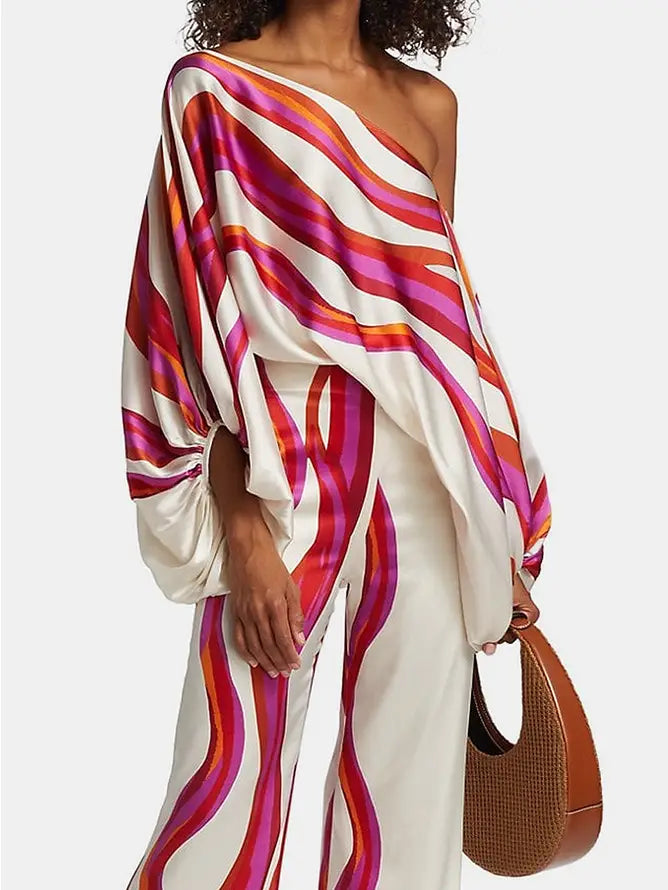 Off-The-Shoulder Blouse and Wide Leg Casual Pants Set