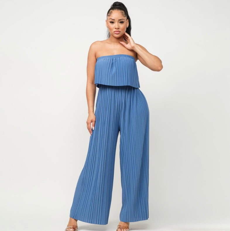 Pleated Strapless Wide-Leg Jumpsuit Blue