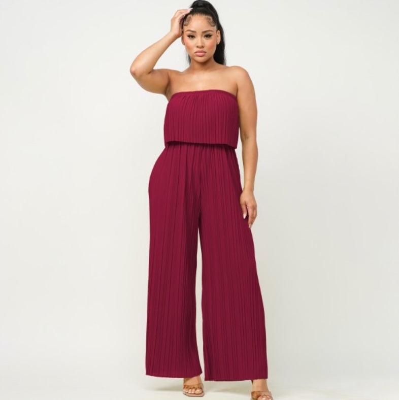 Pleated Strapless Wide-Leg Jumpsuit Burgundy