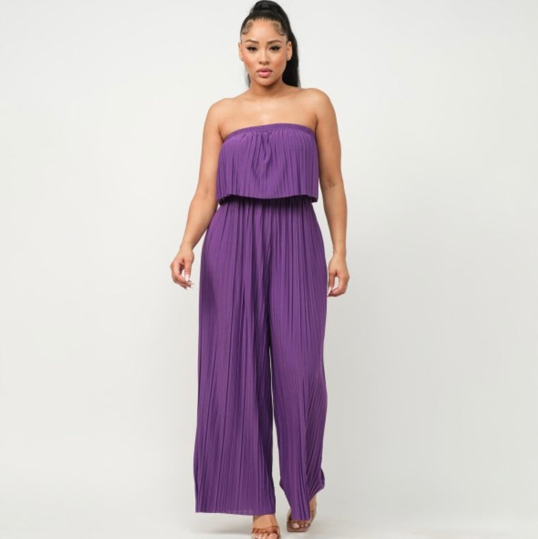 Pleated Strapless Wide-Leg Jumpsuit Grape