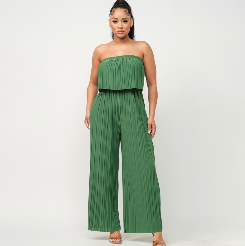 Pleated Strapless Wide-Leg Jumpsuit Green