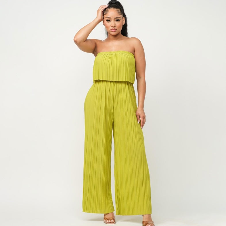 Pleated Strapless Wide-Leg Jumpsuit Lemon