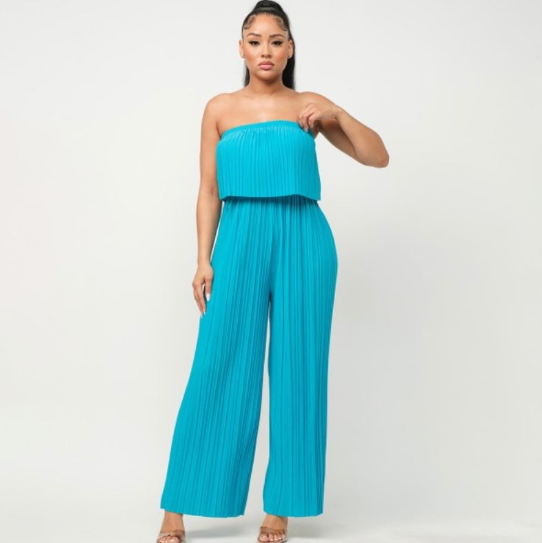 Pleated Strapless Wide-Leg Jumpsuit Ocean