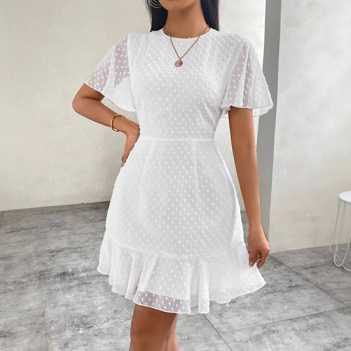 Polka Dots Ruffled Sleeves Pleats Dress White