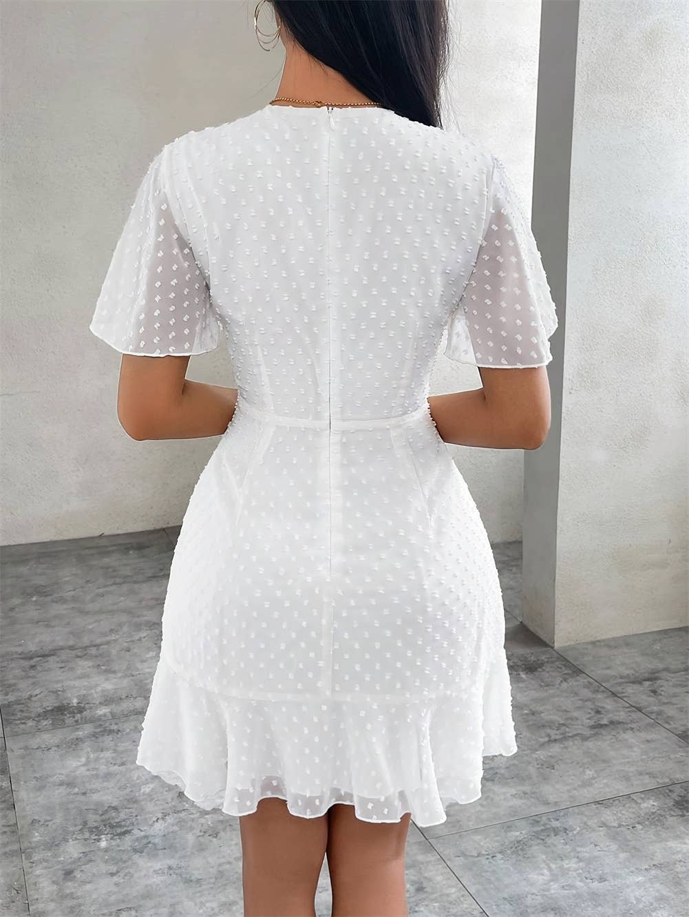 Polka Dots Ruffled Sleeves Pleats Dress White
