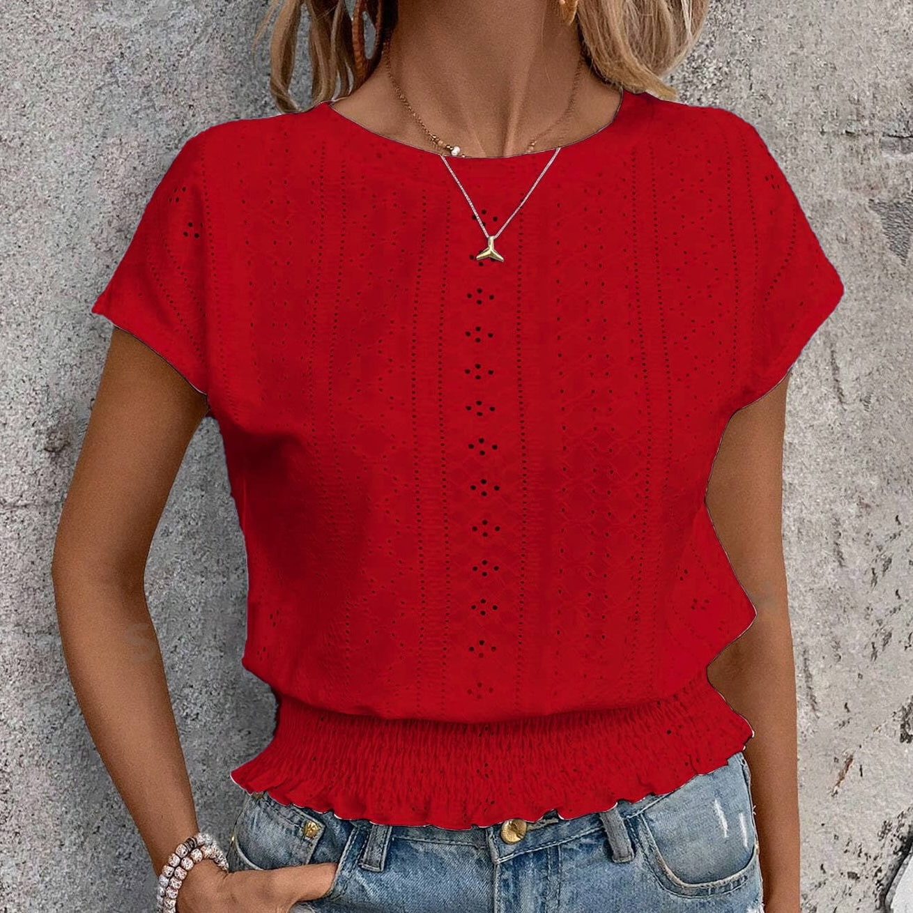 Eyelet Round Neck Shirt Red