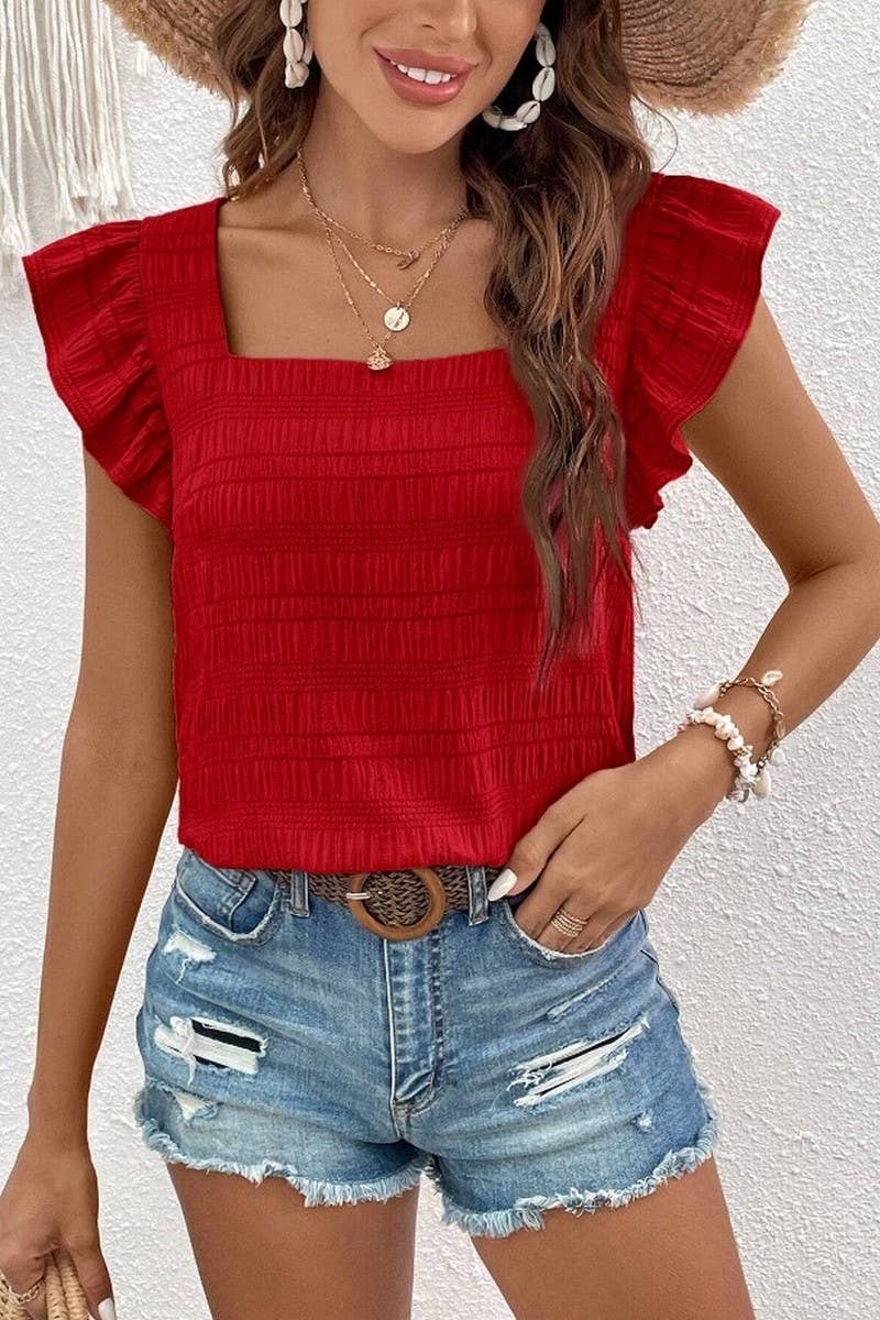 Square Neck Ruffles Sleeves Red