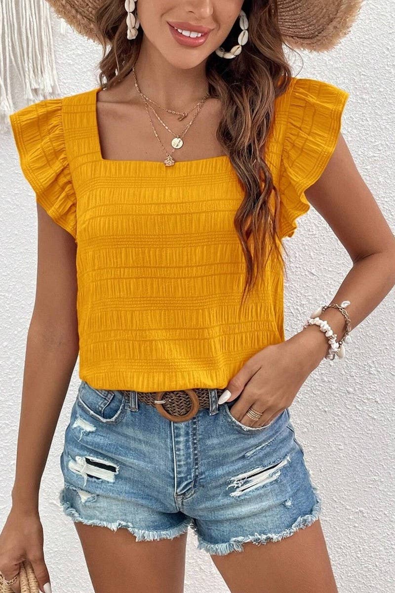 Square Neck Ruffles Sleeves Gold