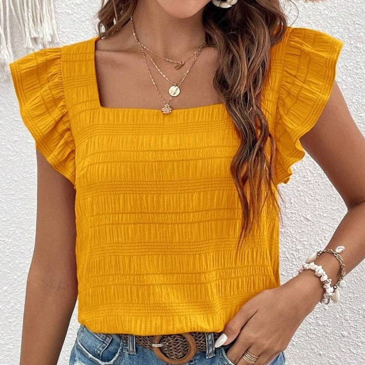 Square Neck Ruffles Sleeves Gold