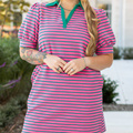 Stripe Collared V Neck Puff T Shirt Dress with Pockets