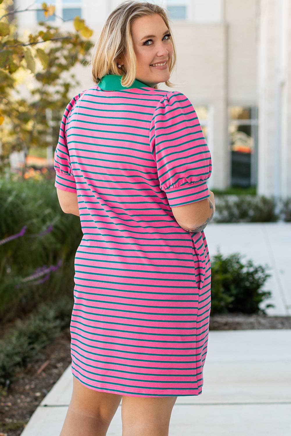 Stripe Collared V Neck Puff T Shirt Dress with Pockets