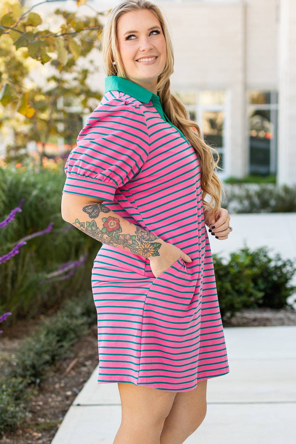 Stripe Collared V Neck Puff T Shirt Dress with Pockets