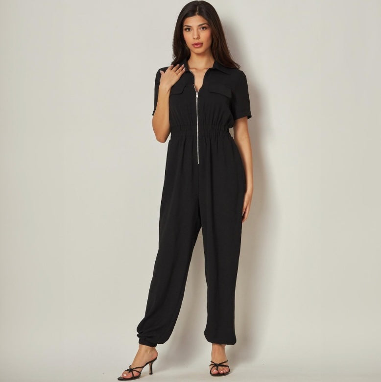 Zip Collared Jumpsuit Black
